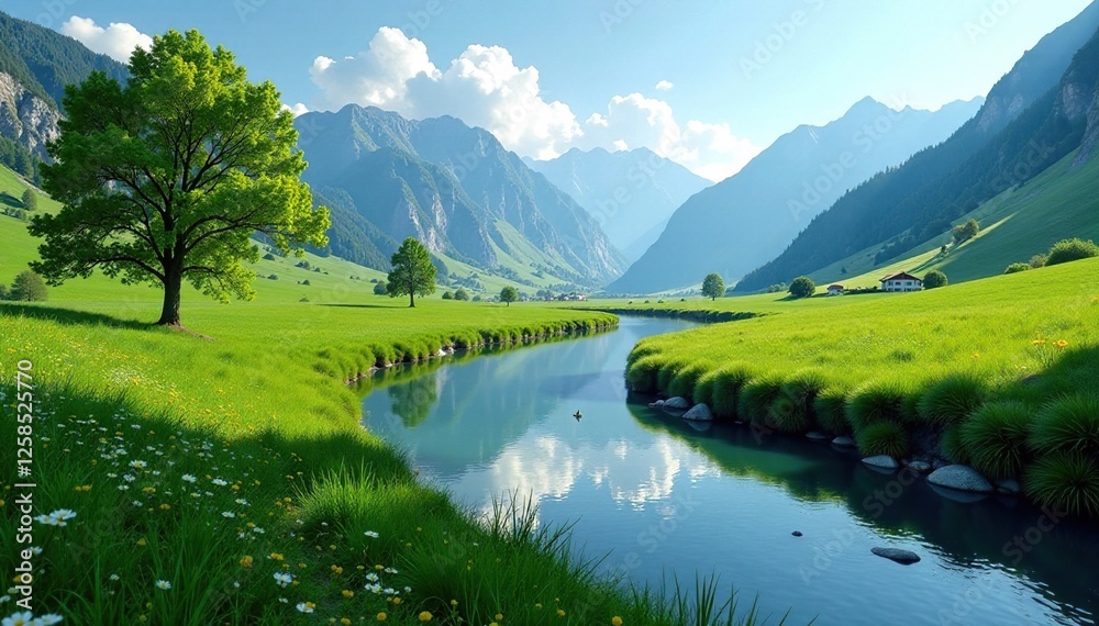 Fototapeta premium Gentle River winds through green mountain valleys, peaceful, natural, nature