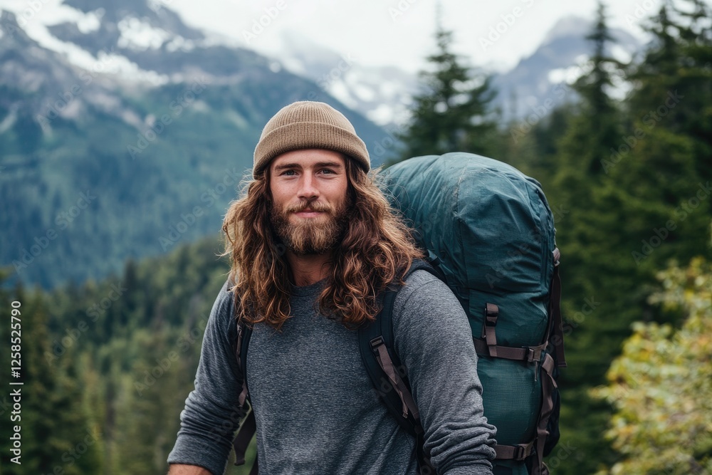 Fototapeta premium A portrait of an Asian man with long hair and a beard, wearing hiking in the wilderness of Alaska