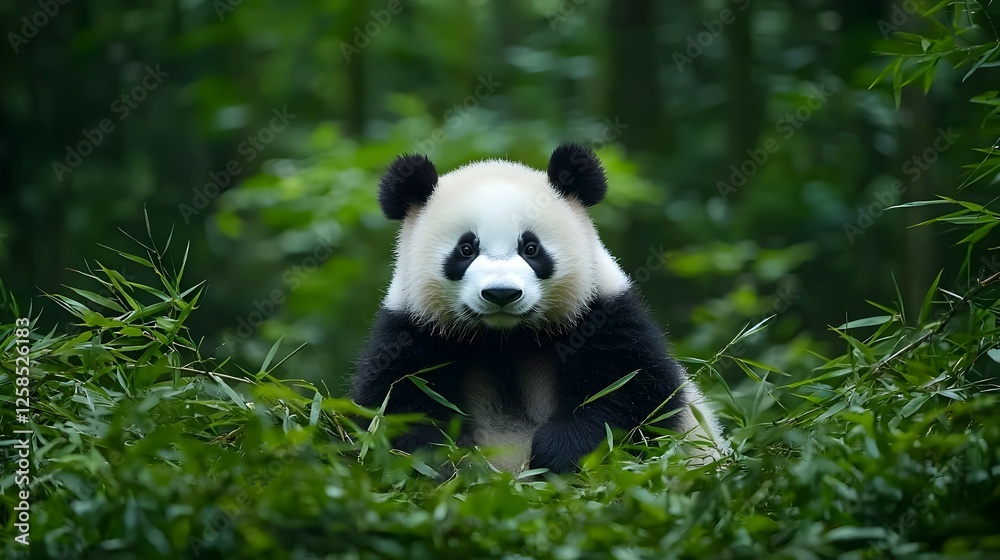 Fototapeta premium Adorable Panda Cub Amidst Lush Bamboo Forest
