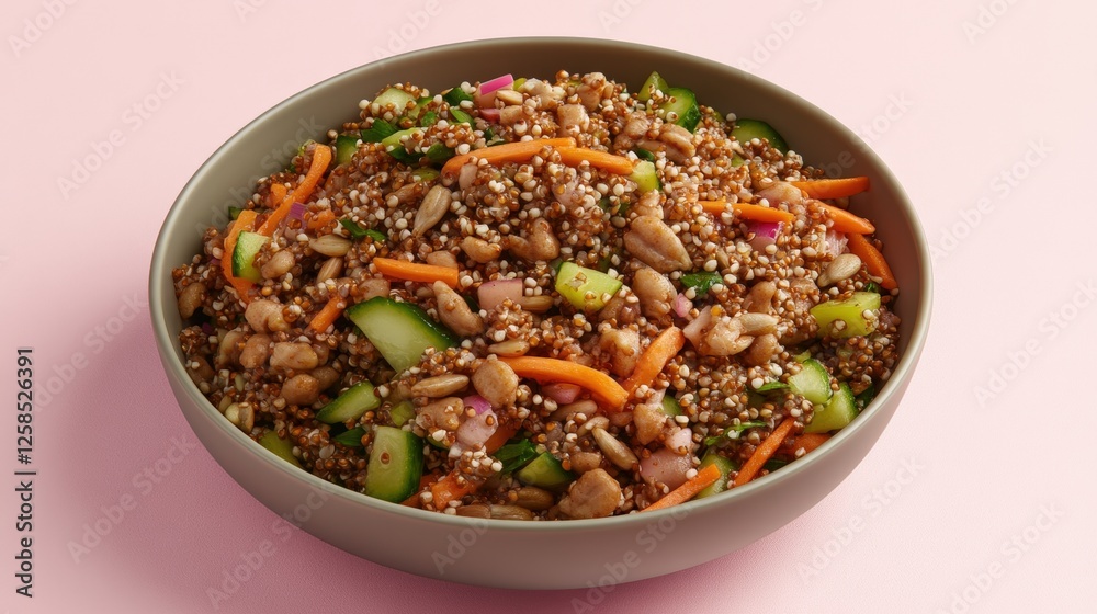 Bowl of vegan buddha salad with buckwheat on pink background high fidelity image Bowl of vegan buddha salad with buckwheat on pink background high fidelity image