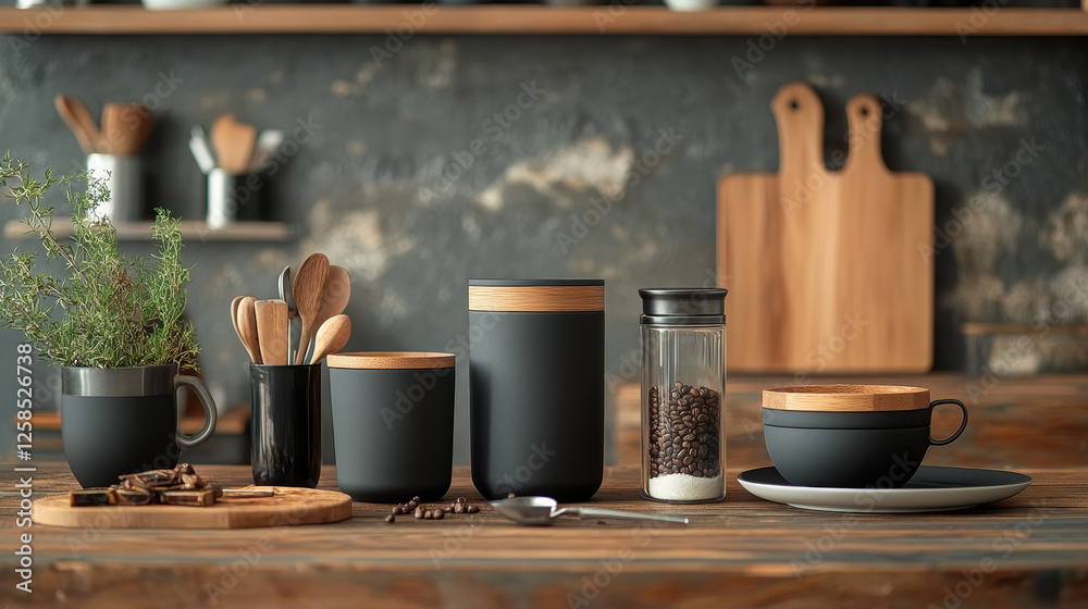 Kitchen utensil and supplies, isolated vector set of ceramic or clay cups, plates, glass coffee jar, salt, wooden spoon, pepper pot, seasonings, cutting board, sugar bowl, Cartoon illustration, icons Kitchen utensil and supplies, isolated vector set of ceramic or clay cups, plates, glass coffee jar, salt, wooden spoon, pepper pot, seasonings, cutting board, sugar bowl, Cartoon illustration, icons
