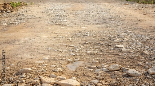 High-resolution photo of gravel road texture, dry soil, stones, and rocks under sunlight. Suitable as a background or texture.