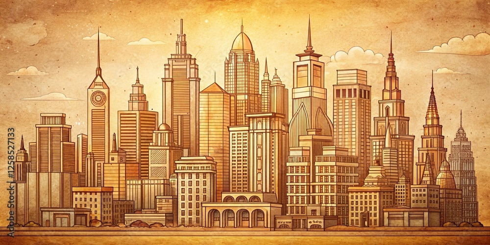 Fototapeta premium Vintage City Skyline Organic Line Art Illustration Background Stock Photo