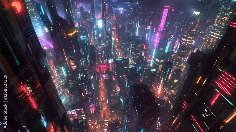Modern night city view from top of roof. Cartoon vector illustration of cityscape illuminated with colorful neon lights in windows, skyscraper buildings shining in darkness, megalopolis architecture Modern night city view from top of roof. Cartoon vector illustration of cityscape illuminated with colorful neon lights in windows, skyscraper buildings shining in darkness, megalopolis architecture