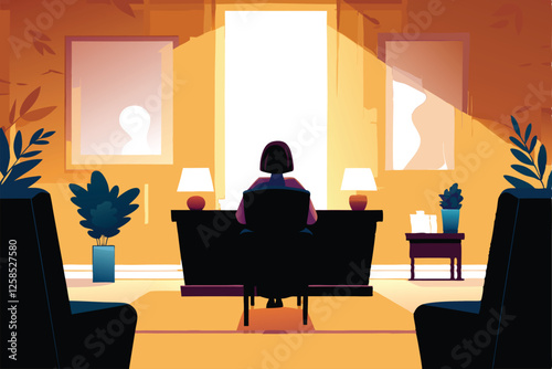 A serene, well-lit office featuring a compassionate counselor and a client comfortably seated in plush armchairs; warm, inviting atmosphere.