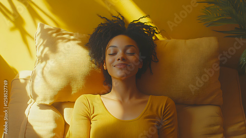 Wallpaper Mural Serene Relaxation, Woman Resting on Yellow Couch, Basking in Sunlight, Feeling Peaceful and Content. Torontodigital.ca