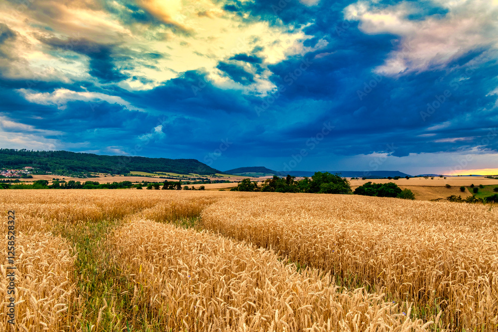 View of a wheat field against a beautiful sunset sky. Rural landscapes landscapes under bright sunlight.
