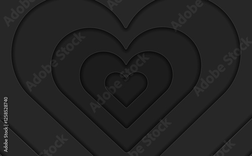 Heart shapes black background. A dark grey background with hearts. Dark hearts paper cutout background. Hearts layers with shadows in black. 