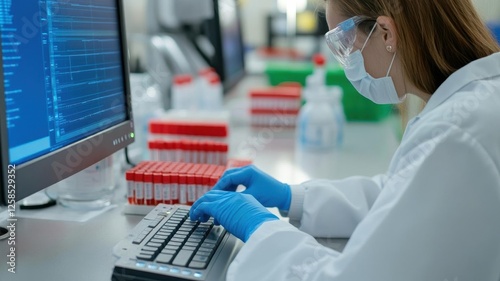A scientist inputting data from vaccine trials into a computer system