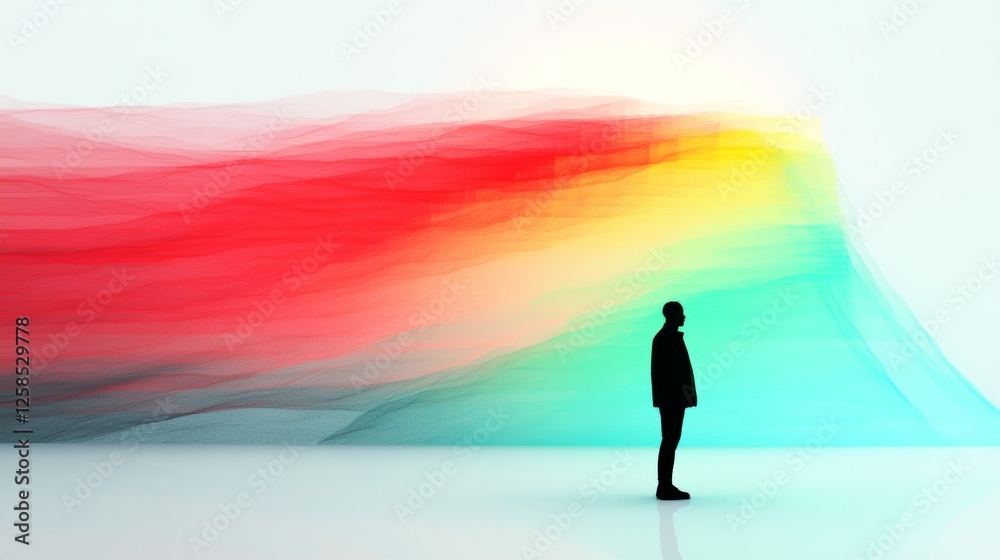 Silhouette of a man standing before a vibrant, colorful abstract art installation. A captivating display of red, yellow, and teal hues. Silhouette of a man standing before a vibrant, colorful abstract art installation. A captivating display of red, yellow, and teal hues.