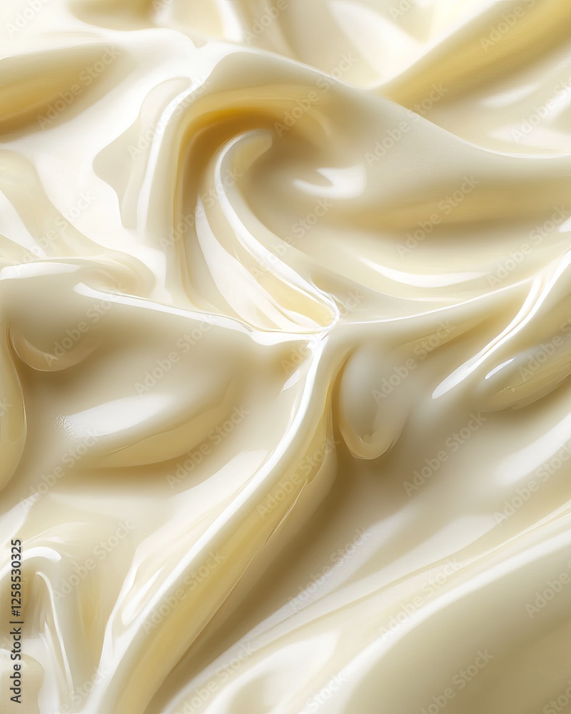Fototapeta premium Melted white chocolate creating smooth, glossy ripples in a rich, creamy texture. Generative AI