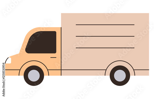 Side view of a delivery truck with a beige cargo area and minimalist design. Ideal for logistics, transportation, shipping, delivery service, moving, trucking, commercial fleet, flat color icon