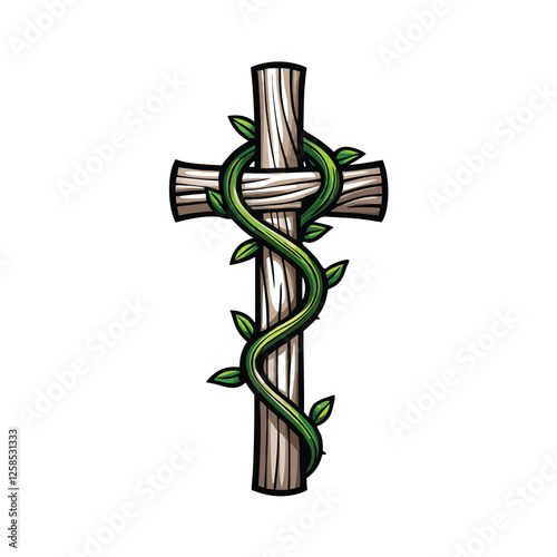 A meticulously detailed image of a wooden cross intricately intertwined with a flourishing vine, symbolizing growth and faith.