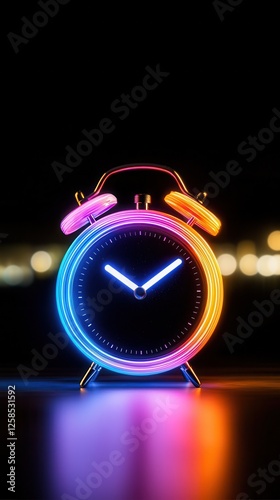 A vibrant neon alarm clock with a glowing circular design against a dark background. photo