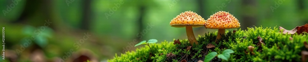 Fototapeta premium Moss-covered mushrooms blending into the forest surroundings, woodland, fungi