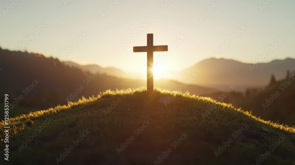easter religious service. wooden cross stands on hill at sunset, symbolizing hope easter religious service. wooden cross stands on hill at sunset, symbolizing hope