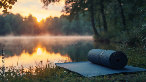 Fototapeta Naklejka Na Ścianę i Meble -  Peaceful lake at sunrise with yoga mat by misty water creates tranquil outdoor wellness and mindfulness setting near forest