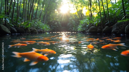 Golden Fish in Stream, Bamboo Forest, Sunrise photo