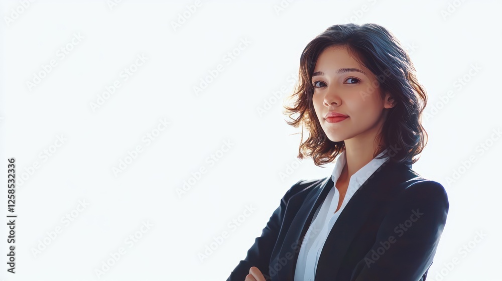 Confident businesswoman exuding professionalism and elegance, standing with arms crossed against a bright background, showcasing the modern workplace. Confident businesswoman exuding professionalism and elegance, standing with arms crossed against a bright background, showcasing the modern workplace.