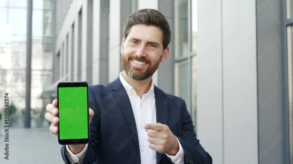 Happy businessman showing mobile phone with green screen standing on street near office building. Color key, vertical template layout for advertising. Smiling male looking at camera holding smartphone