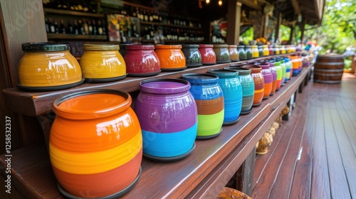 Colorfully painted pots on wooden shelf at vint wine festival bustling market scene photo