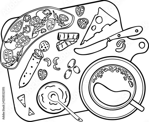 Food hand drawing in doodle style. Tea time with sandwich, charcuterie, cheese, olive, jam, nuts and vegetables. All items on the board. 