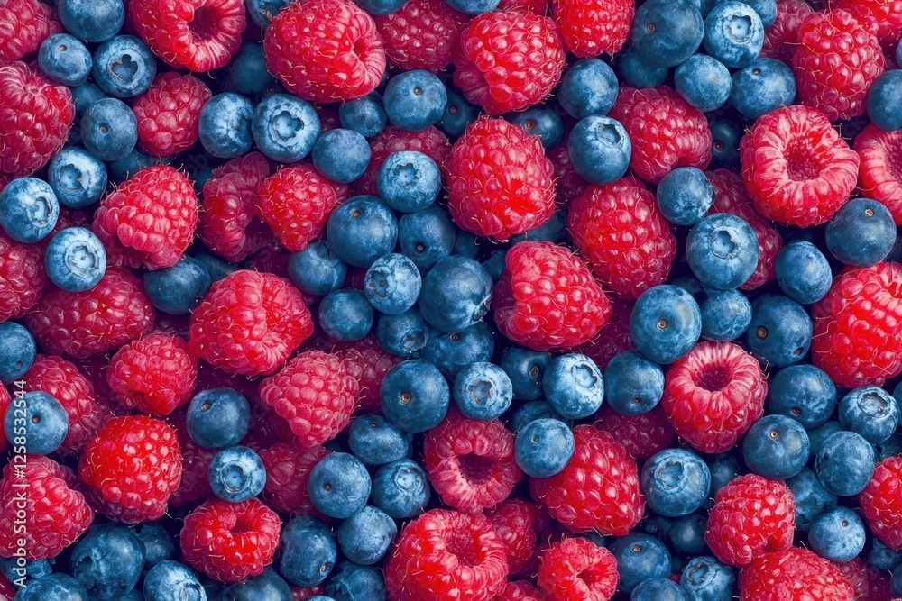 Overhead Shot of Fresh Raspberries and Blueberries on a Vibrant Background Overhead Shot of Fresh Raspberries and Blueberries on a Vibrant Background