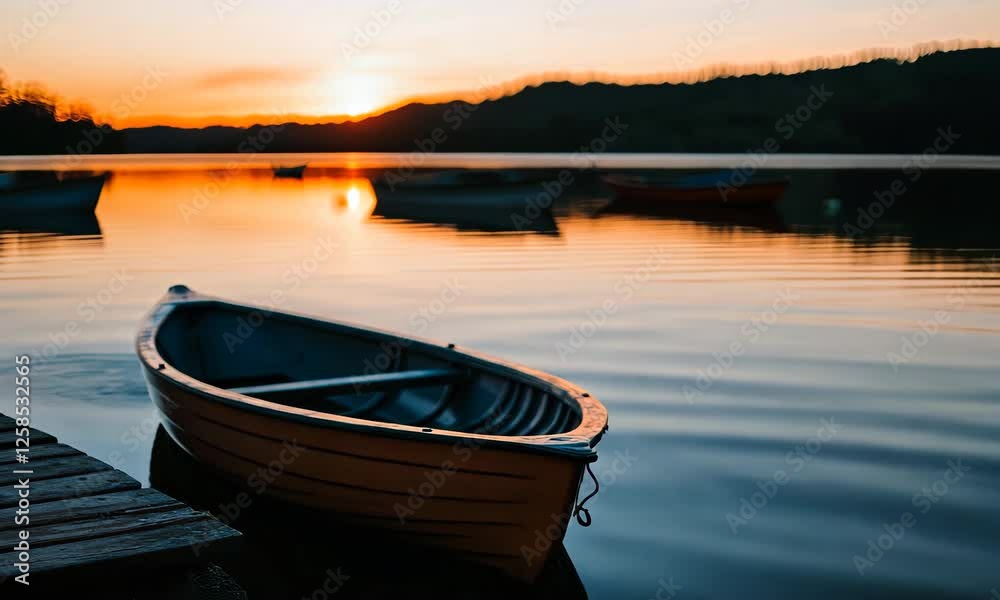 A tranquil scene at sunset shows a lone rowboat docked by a serene lake, reflecting vibrant colors of nature, evoking peace and tranquility. A tranquil scene at sunset shows a lone rowboat docked by a serene lake, reflecting vibrant colors of nature, evoking peace and tranquility.
