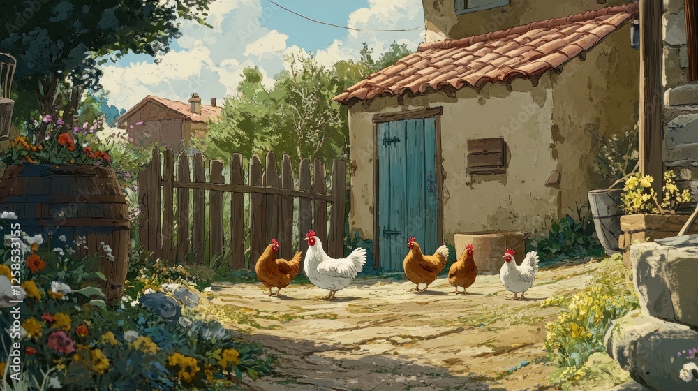 Obraz premium Peaceful Countryside: Chickens by Rustic Farmhouse