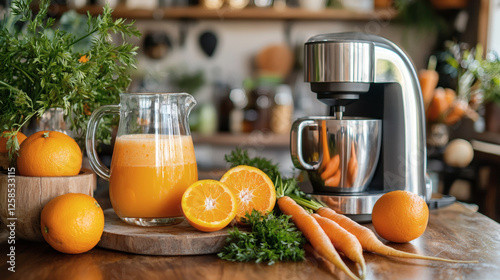 Fresh citrus juice preparation with oranges and juicer on wooden table in bright kitchen with morning sunlight