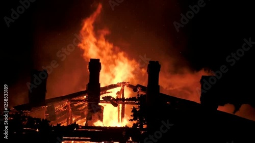 The house is on fire from inside and outside with large flames, flaming doors and windows. The great fiery misfortune of people. Fire rescue at night of the building.