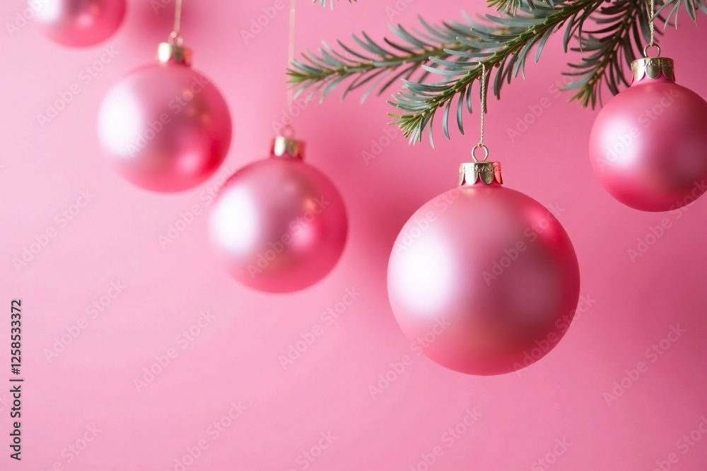 Fototapeta premium Pink Christmas ball garland hanging from a bright pink wall, holiday cheer, garland decor