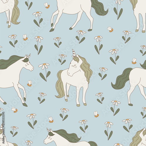 Cute cartoon character hand drawn green and white unicorns seamless vector pattern illustration with daisy flowers and bees on pastel blue background