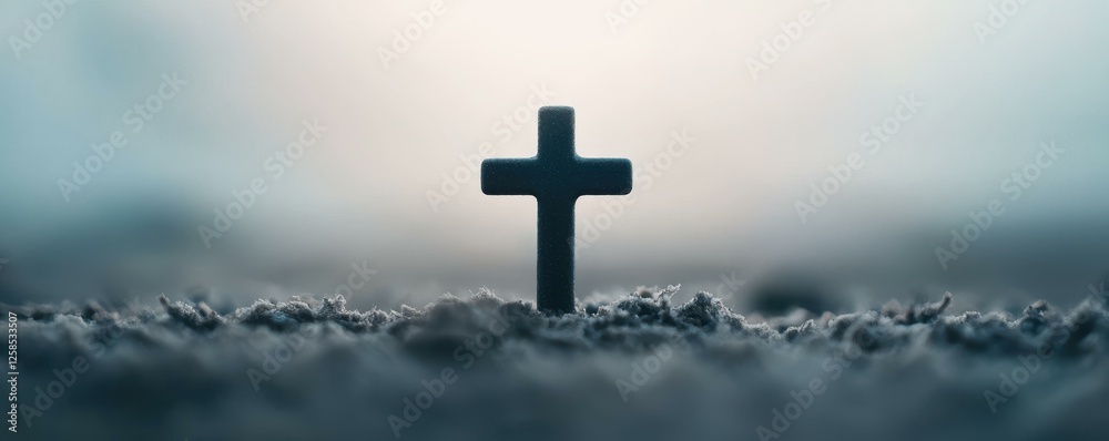 Evocative Cross Silhouette Emerges from Shadowy Landscape of Faith and Spirituality Backdrop Evocative Cross Silhouette Emerges from Shadowy Landscape of Faith and Spirituality Backdrop