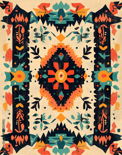 Southwestern Tribal Pattern – Bohemian Aztec-Inspired Geometric Rug Design, Native American Folk Art, Ethnic Decorative Textile, Rustic Boho Aesthetic, Ornate Handwoven Tapestry