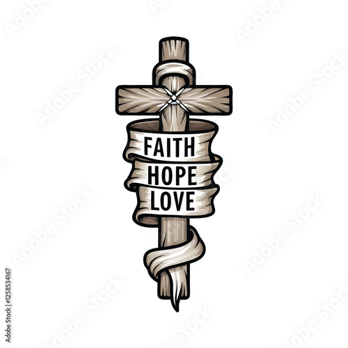 A wooden cross, subtly aged, is elegantly enveloped by a flowing banner inscribed with the word "Faith" and an abbreviated "Ho" (possibly representing "Hope").  Detailed, high-resolution image.