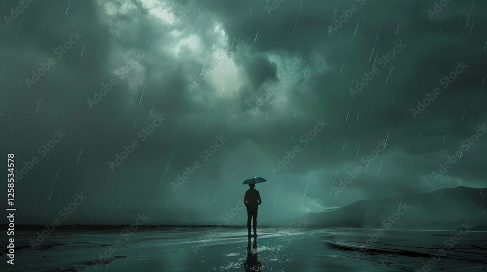 Obraz premium Background with a lonely man under an umbrella in the pouring rain, creating a melancholic and pensive atmosphere, ideal for illustrations for literary works or art projects.