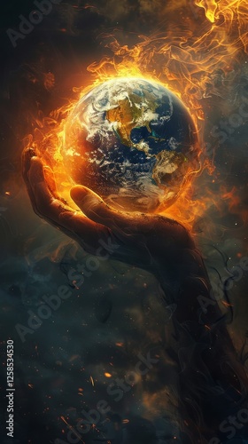 Hand holding a fiery globe symbolizing climate change and environmental urgency in a dramatic visual representation