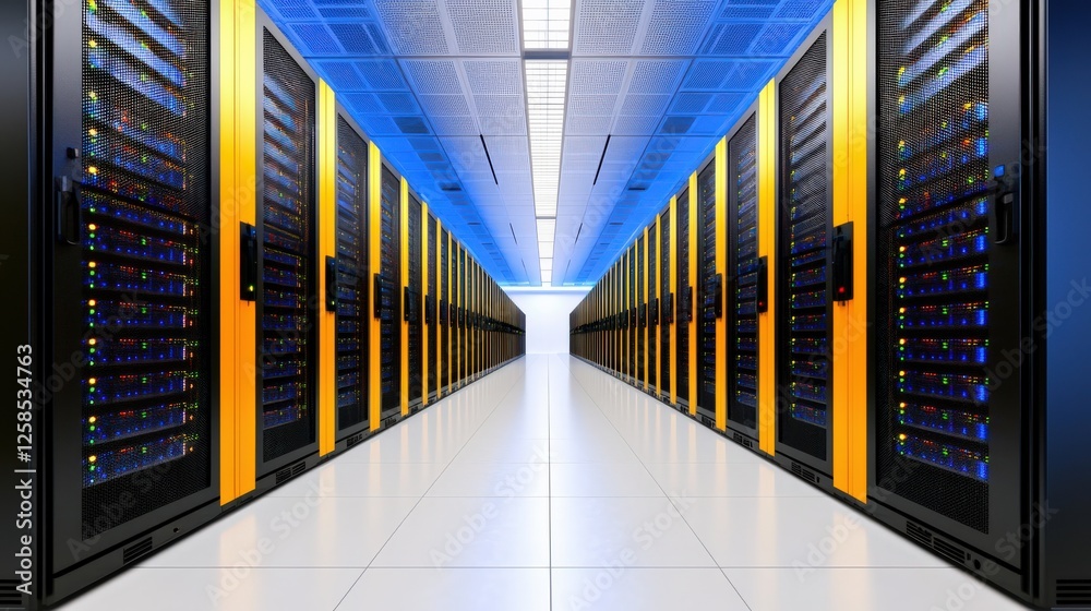 Fototapeta premium Resource Allocation style. Data center corridor with rows of servers and blue lighting.