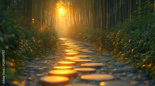 Golden path through bamboo forest photo