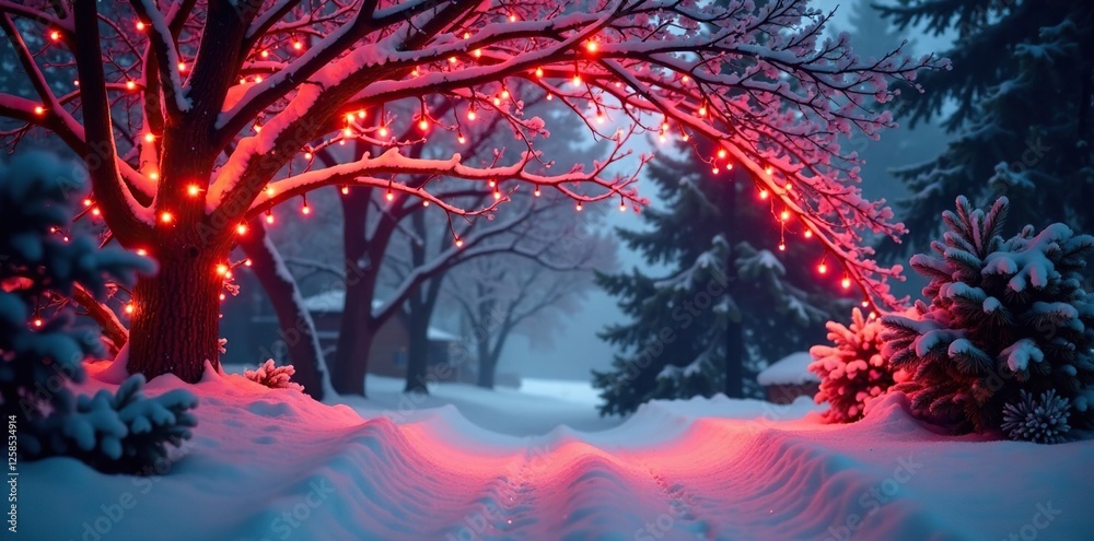Obraz premium Red Christmas Light Canopy Over Snowy Branches, Christmas, Lights, Snow