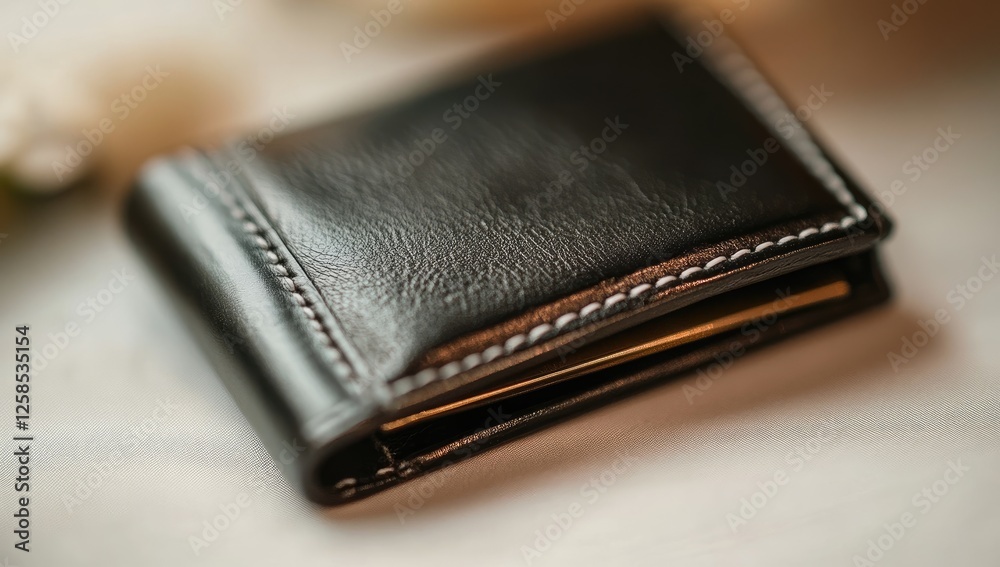 A product shot of the black leather wallet with visible stitching, presented on an isolated white background. A product shot of the black leather wallet with visible stitching, presented on an isolated white background.