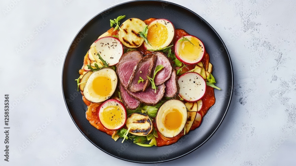 Plate of food featuring meat eggs and vegetables for healthy meal planning and balanced nutrition Plate of food featuring meat eggs and vegetables for healthy meal planning and balanced nutrition