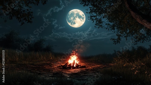 Serene Full Moon Illuminating a Campfire in a Remote Wilderness at Night Surrounded by Lush Greenery and a Starry Sky for Tranquil Escapes