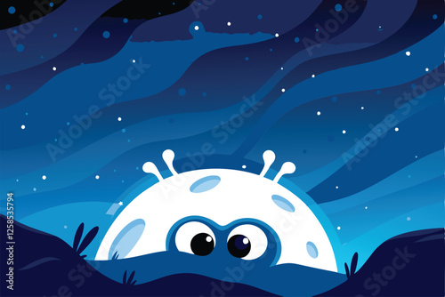 A whimsical, large-eyed alien creature cautiously peeks from behind a vibrant, nebula-streaked space rock, displaying curiosity and wonder.