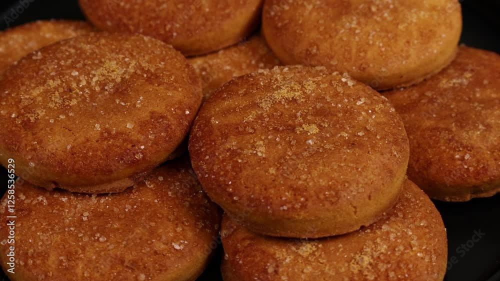 Delicious fresh baked cookies with a golden crust and sugar topping made in a home kitchen at sunset
Delicious fresh baked cookies with a golden crust and sugar topping made in a home kitchen at sunset