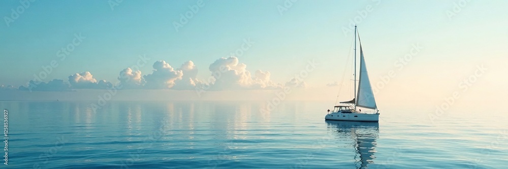 Fototapeta premium Small sailboat anchored in a calm sea with no wind, oceanic, marine, nautical