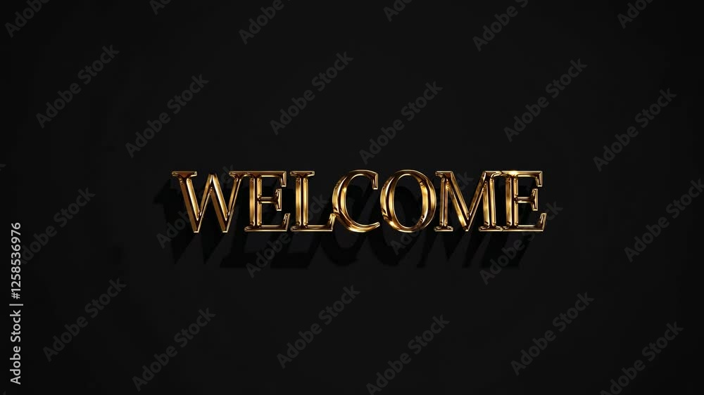 The video features a 3D golden 'WELCOME' text on a dark background, creating a luxurious and inviting atmosphere. Low-angle camera angle.