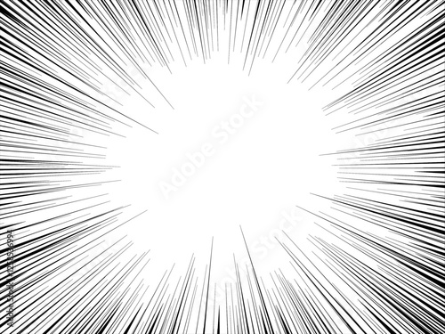 Speed lines in frame for manga comics book. Radial motion background. Monochrome explosion and flash glow. Vector concentric textured illustration