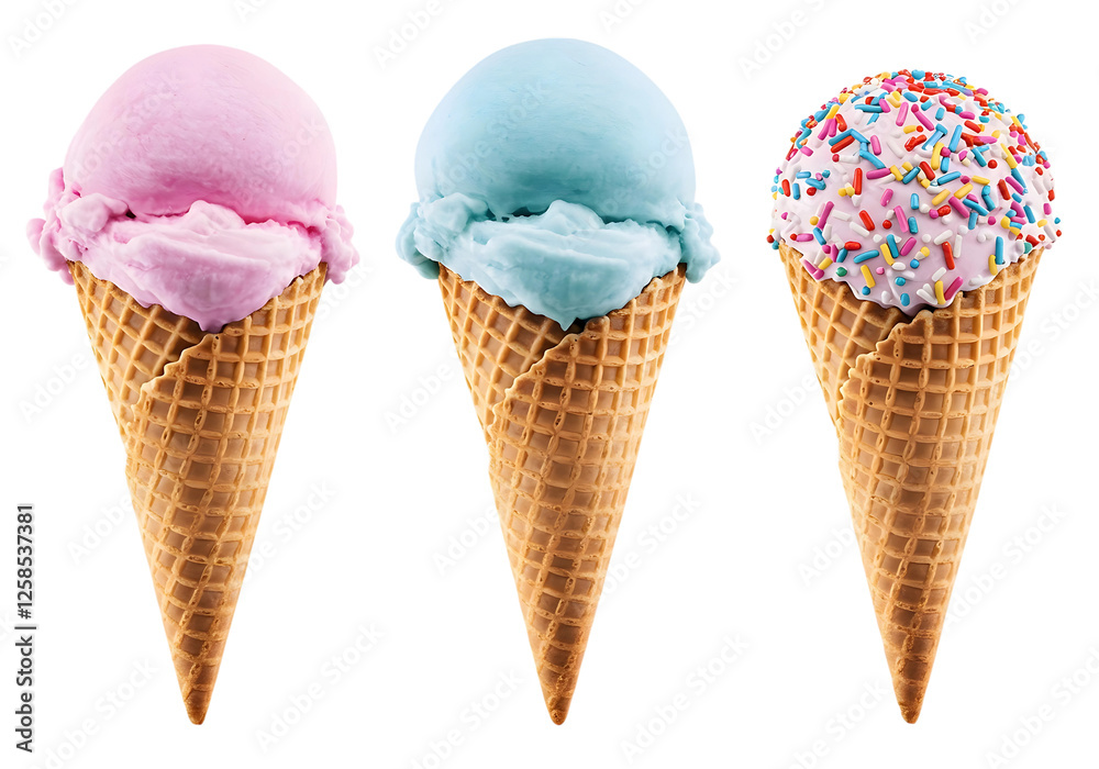 Three colorful ice cream cones against a transparant background Three colorful ice cream cones against a transparant background